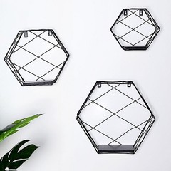 3 BLACK Hexagon Metal with Wood GEOMETRIC FLOATING SHELVES Party Events Supplies