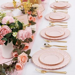 YOUBET 125Piece Pink Plastic Plates with Gold Rim – Scalloped Plastic Plat