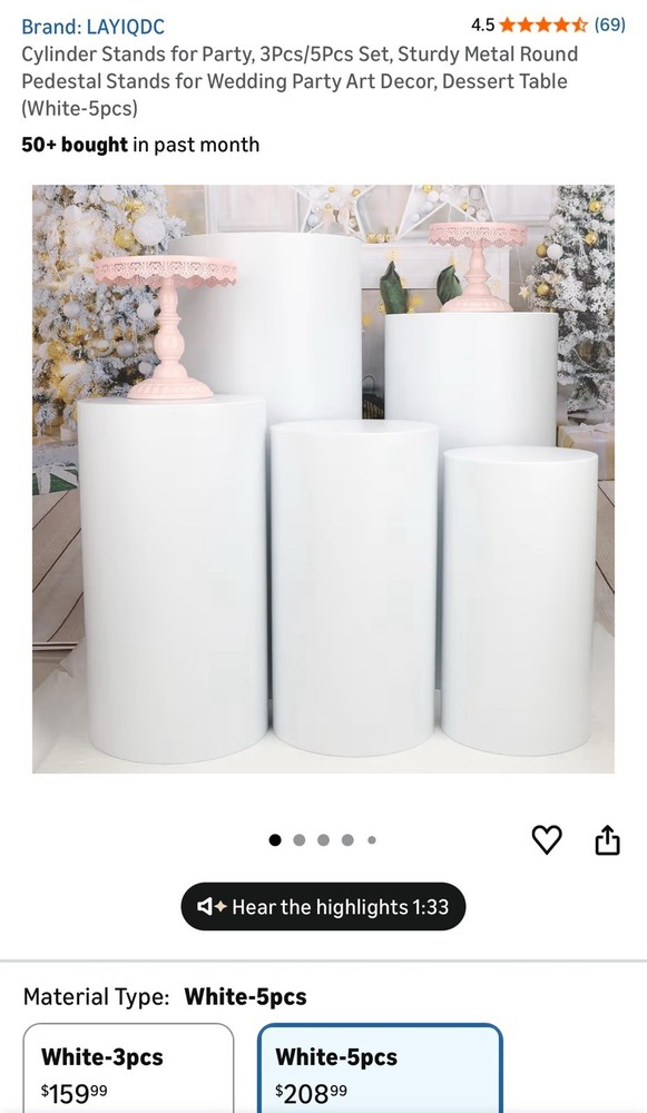 3Pcs/5Pcs Round Cylinder Pedestal Stand for Wedding Party Display Stand Decor