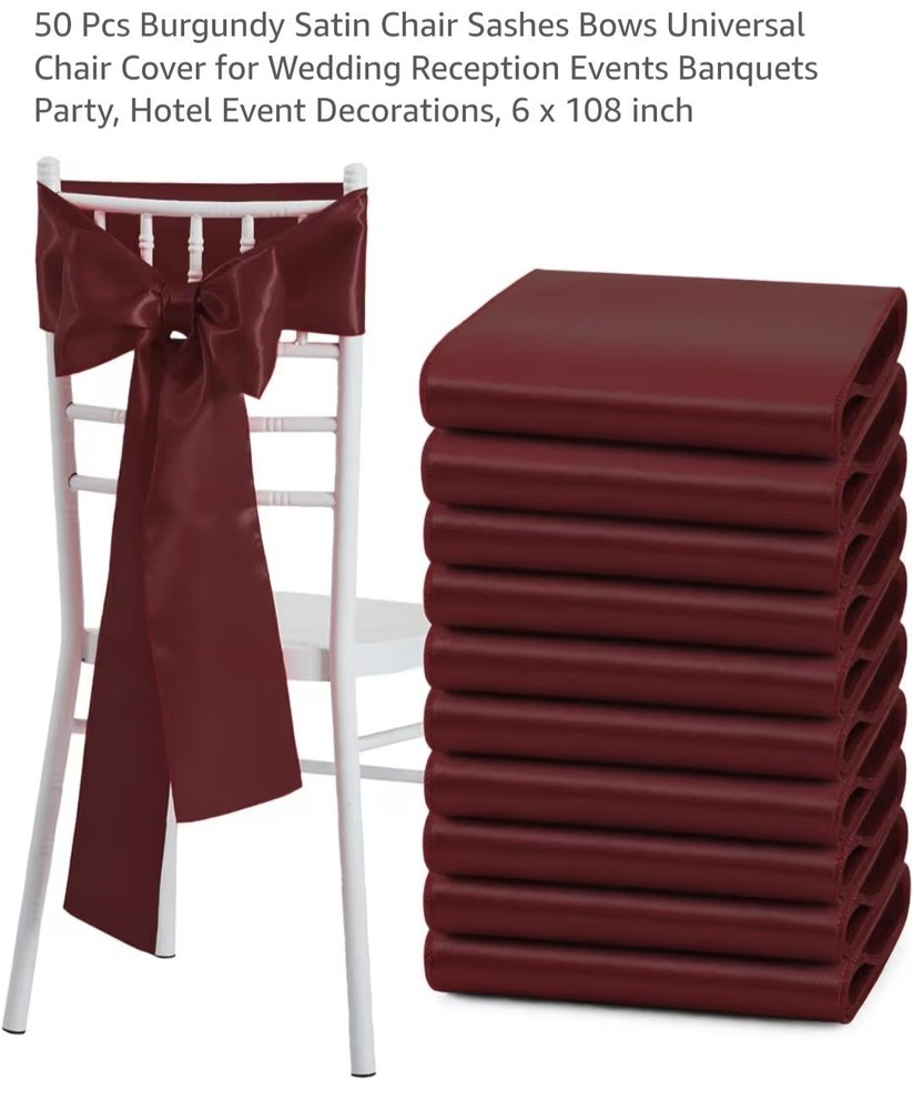 Burgundy Satin Chair Sash-6″ X 108″-50 Pk.-NEW IN ORG OPEN PKG