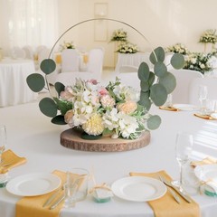 Rustic Wedding Centerpiece Set – 12″ Metal Floral Hoop & Unfinished Wood Slices