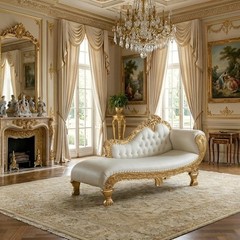 LUXURY 85″ Gold White Carved Mohagany Victorian Rococo Fainting Chaise Lounge