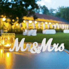 Large White Wooden Mr & Mrs Sign with Just Married Banner White Sweetheart Table