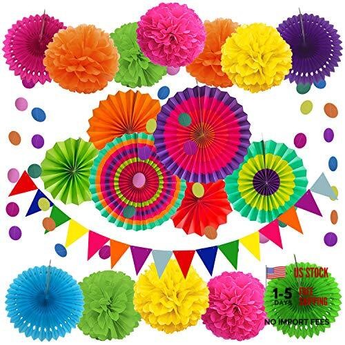 Party Decoration, 21 Pcs Multi-color Hanging Paper Fans, Pom Multi-colored