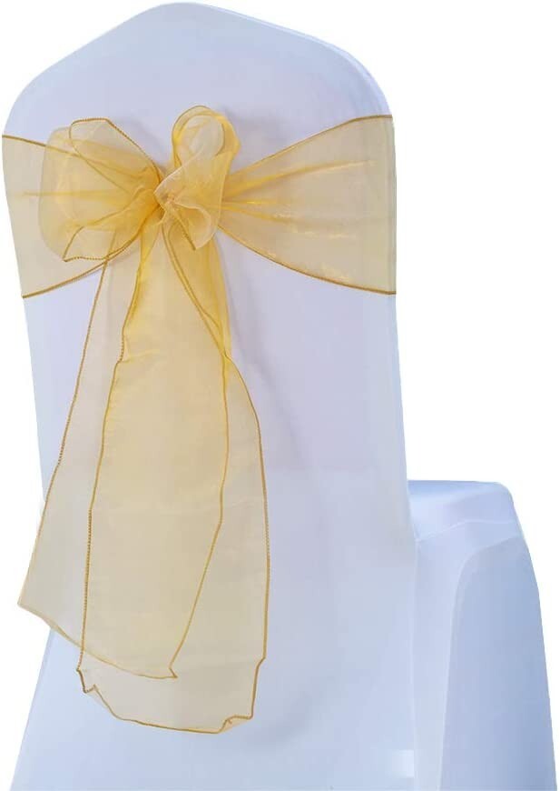Set of 100 Organza Sheer Chair Sashes Bow Ties 7×108 in for Wedding Party (Gold)