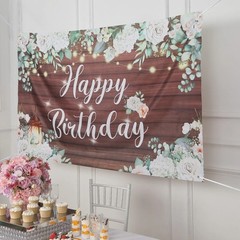 6 ft x 3 ft WHITE BROWN Wood Floral Printed Backdrop Happy Birthday BANNER Party