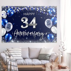 Happy 34th Anniversary Backdrop Banner – Navy Blue Silver Glitter, 47.2×70.9 in