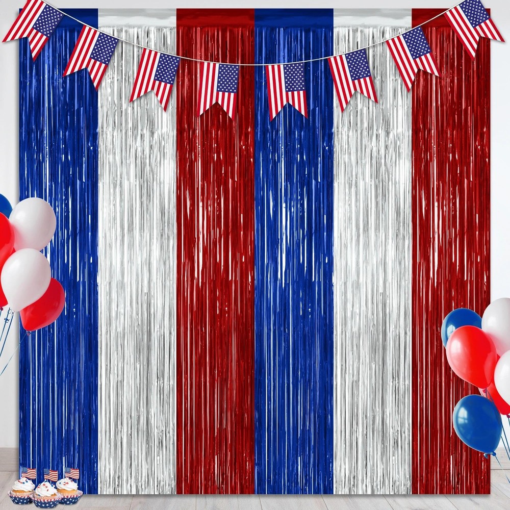 2 Pack 4th of July Decorations, 3.28 FT x 7.05 250 2 PCS, Blue Silver Red