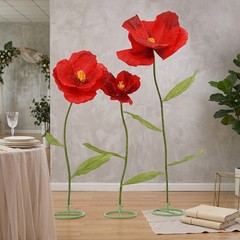 3 Pack Large Burgundy Artificial Corn Poppy Flowers, Freestanding Floral Decor