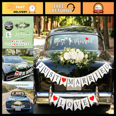 Just Married Car Decorations Kit – Floral Swag, Love Sign Banner, Window Decals