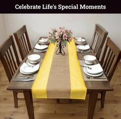 Premium Jute Fabric + Satin Fabric Table Runner Yellow 18″ X 120″ Elegant Rustic
