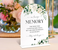 In Loving Memory Sign for Wedding Memorial Table, Elegant White Rose and Eucalyp