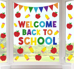 9 Sheet Welcome Back to School Window Clings Sparkly Colorful Pencil Apples Reus