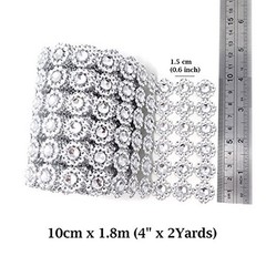 4 Inch x 2 Yards Sparkling Silver Flower Shape Diamond Mesh Wrap Roll Faux