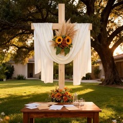 71″ Wedding Wood Cross with White Ribbons & Eucalyptus Garland