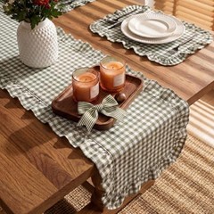 Tegeme Gingham Table Runner 12”x71” Cotton Ruffle Checkered Olive Green Plaid