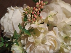 Ivory White Bouquet-5 Cabbage Roses, Hydrangea, Small Accent Berries, Greenery