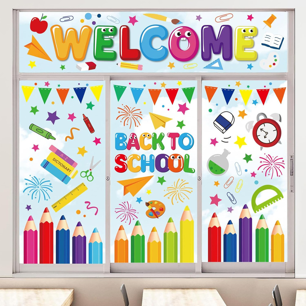 9 Sheet Back to School Window Clings Colorful Pencil Crayon Ruler Window Decals