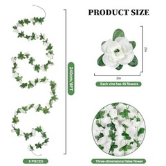 66 Ft Artificial Flower Garland, 8 Pcs Hanging Fake Rose Vines Silk White
