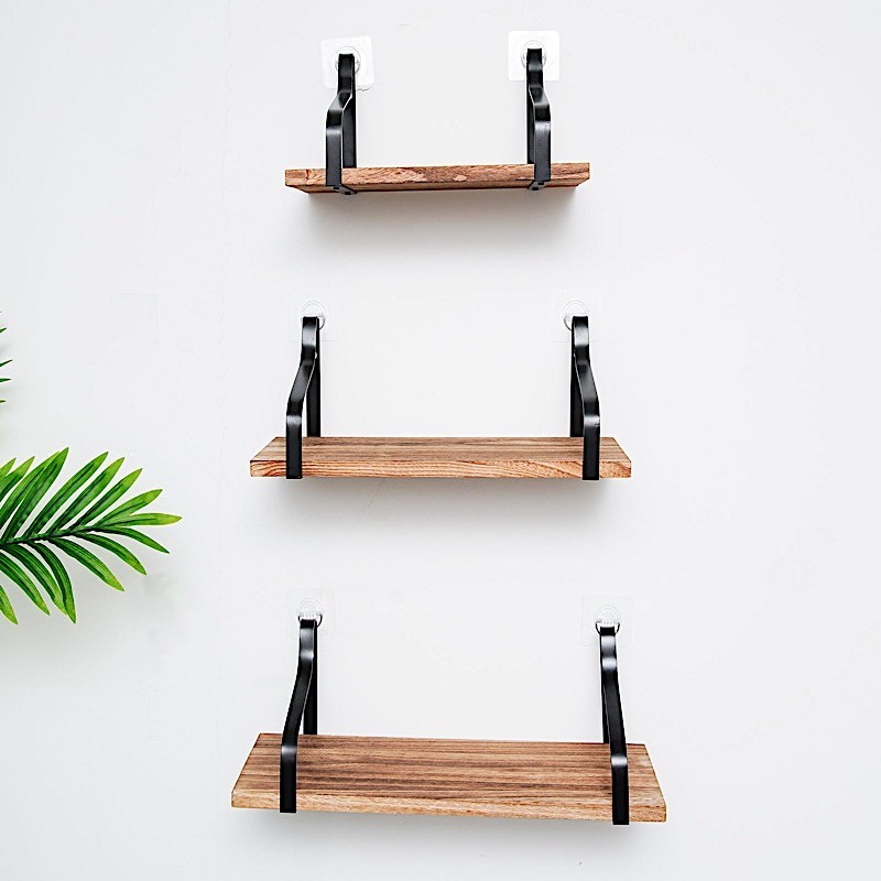 3 NATURAL Rectangular Metal Wood FLOATING SHELVES Living Room Home Decorations