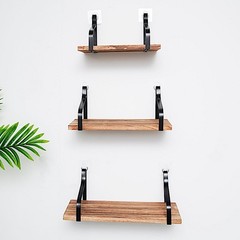3 NATURAL Rectangular Metal Wood FLOATING SHELVES Living Room Home Decorations