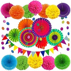Party Decoration, 21 Pcs Multi-color Hanging Paper Fans, Pom Multi-colored