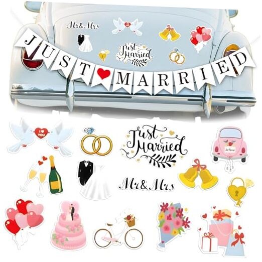 , Just Married Car Magnets – Pack of 15 | Just Married Banner for Wedding
