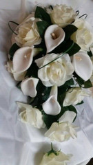 Bridal Cascading Bouquet, Calla Lilies, White Roses, Greenery Wedding Flowers