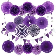 Party Decoration, 21 Pcs and Lavender Hanging Paper Fans, Pom Poms Purple