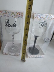 Bride & Groom Wine Glass Set Wedding Toast 15 oz 9″ New In Boxes Bottom’s Up