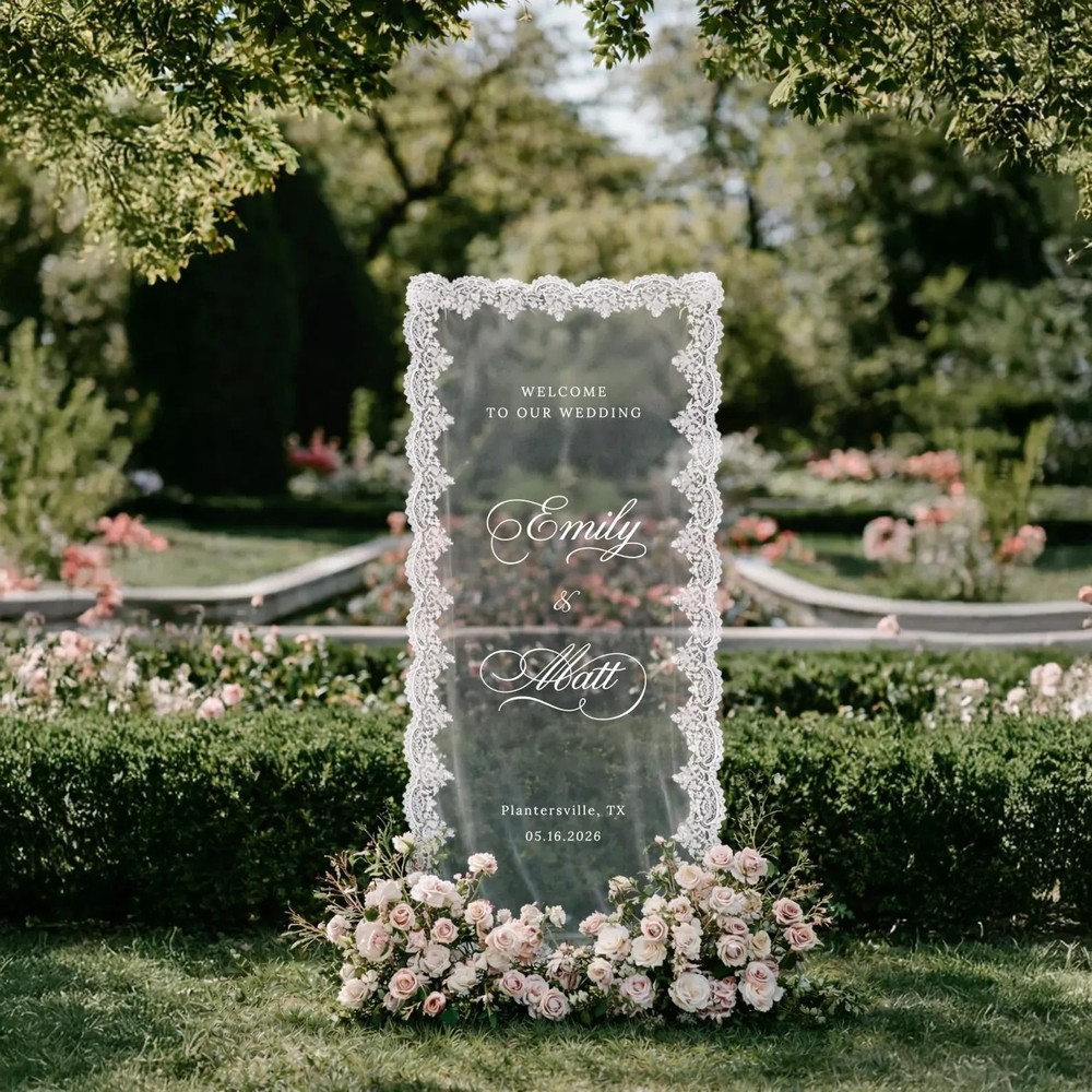 Custom Lace Wedding Welcome Sign, Sheer Tulle Boho Ceremony Banner