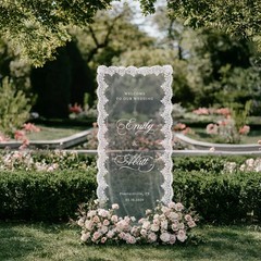 Custom Lace Wedding Welcome Sign, Sheer Tulle Boho Ceremony Banner