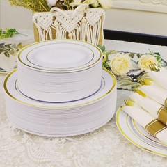 Zcaukya 100PCS Gold Plastic Plates, Disposable Plastic Dishes with Gold Rim i…