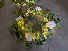 DIY centerpiece 3ft ring garlands with fairy lights and peach or white roses