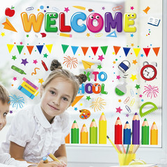 9 Sheet Back to School Window Clings Colorful Pencil Crayon Ruler Window Decals
