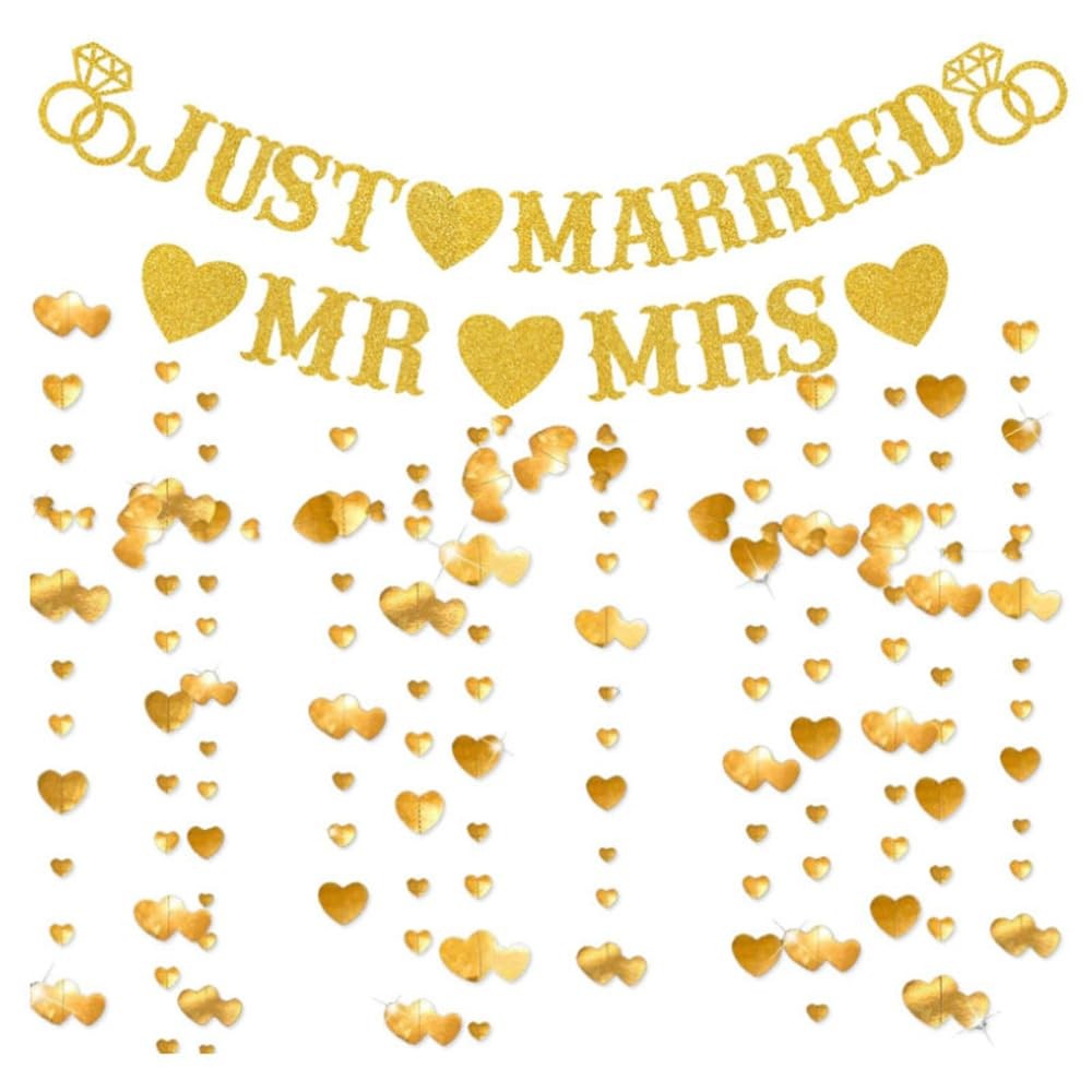 Just Married Banner Gold Glitter Mr & Mrs Wedding Decorations Sign Bridal