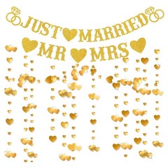 Just Married Banner Gold Glitter Mr & Mrs Wedding Decorations Sign Bridal