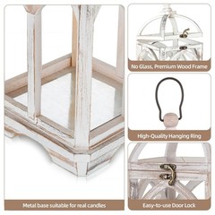 Farmhouse Lanterns Decorative Indoor: 11″ & 15″ Set of 2 White Wooden Candle …