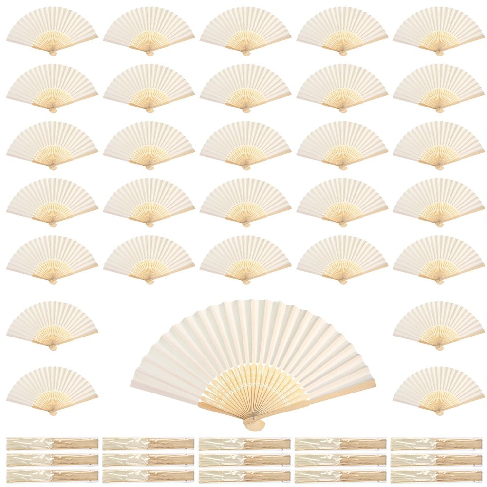 Qunclay 150 Pcs White Paper Hand Fans Bulk Bamboo Folding Handheld Wedding Fa…