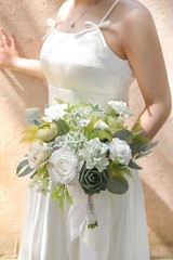 Koroni Flowers Artificial Bridal Bouquet 11 Inch White Green Wedding Ceremony