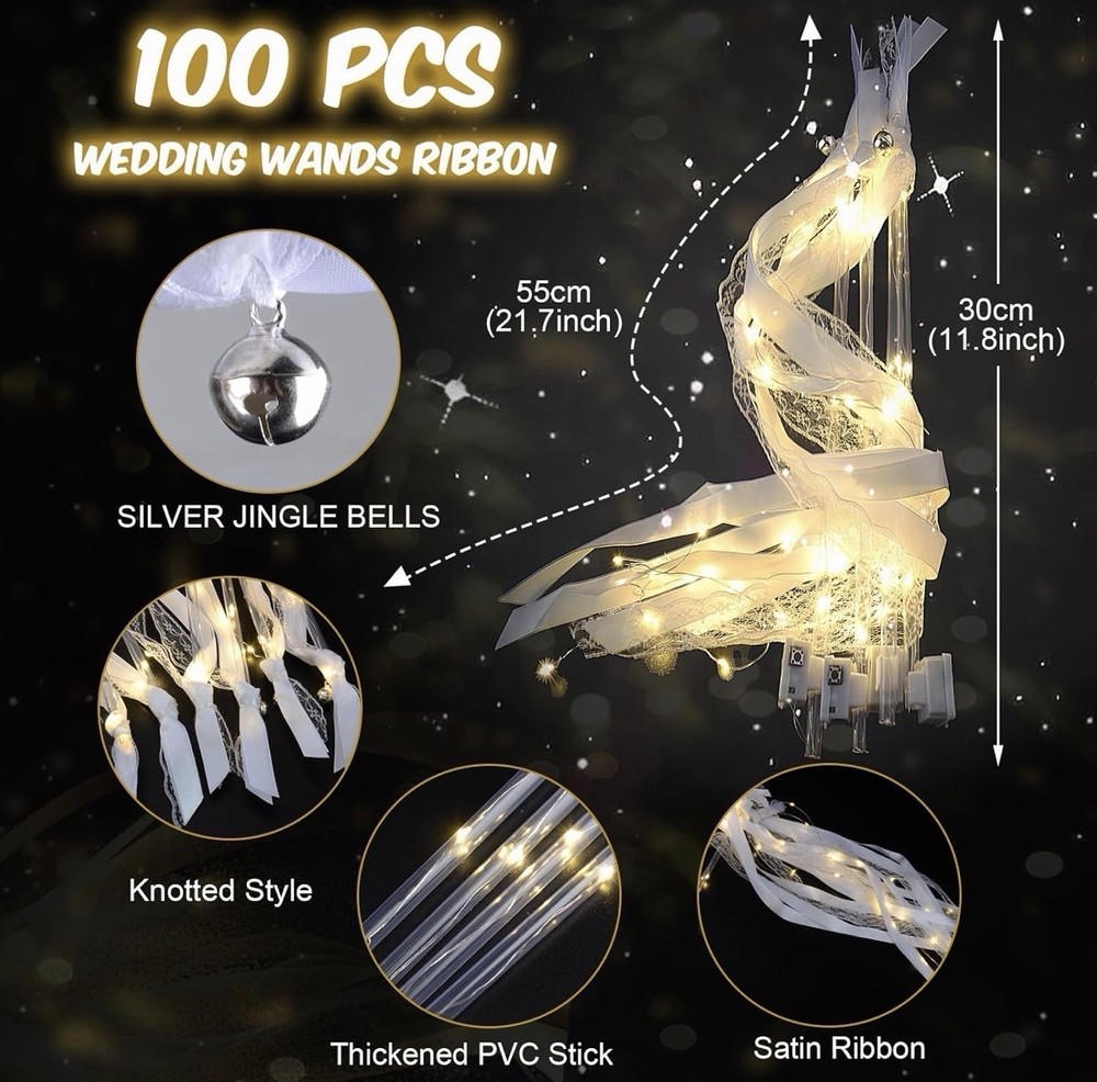 HONLYNE 100PC Light Up Wedding Wands Warm White LED Streamers Bells