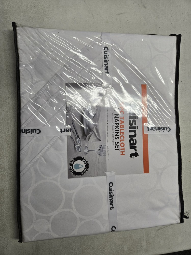 Cuisinart 9 Piece Tablecloth & Napkins Set, White in Color, Circular Pattern