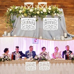 Mexican Wedding Decorations White Papel Picado Bride and Groom Chair Signs Me…