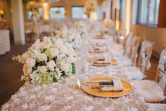 10 Rosette Satin Tablecloths 54″x108″ Rectangular Ribbon Rose Overlay Catering