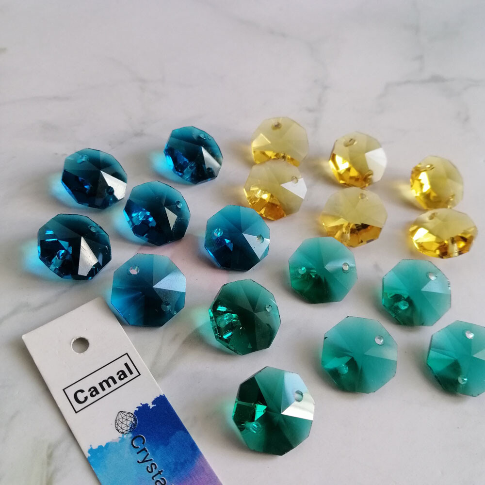 140pcs DIY 3color Octagonal Crystal Glass Beads 14mm 2holes Chandelier Part