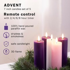 Pillar Advent Candles Set of 5, Battery Operated Advent Candle Set with Remot…