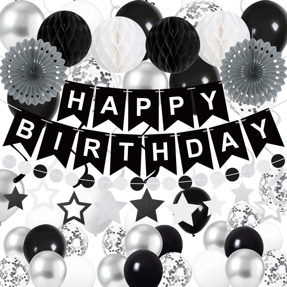 69Pcs Birthday Decorations Black Happy Birthday Banner Balloons Paper Fans Ho…
