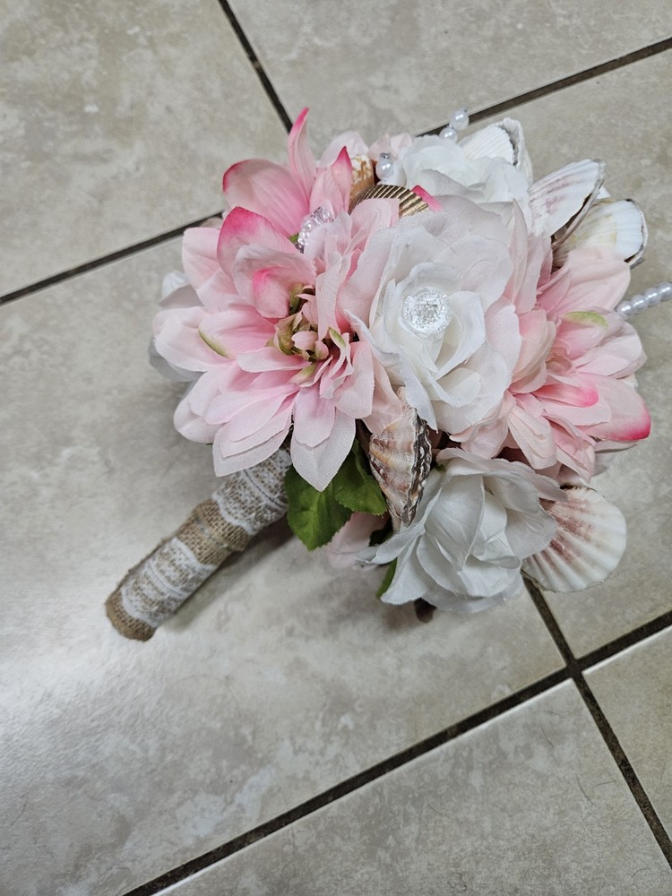 Handmade Coastal Seashell Bridal Bouquet Pink White Beach Wedding Pearl Starfish