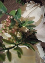 Ivory White Bouquet-5 Cabbage Roses, Hydrangea, Small Accent Berries, Greenery