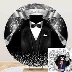Happy Birthday Round Backdrop Cover Black Suit and Tie Backdrop Bow Tie Happy Bi